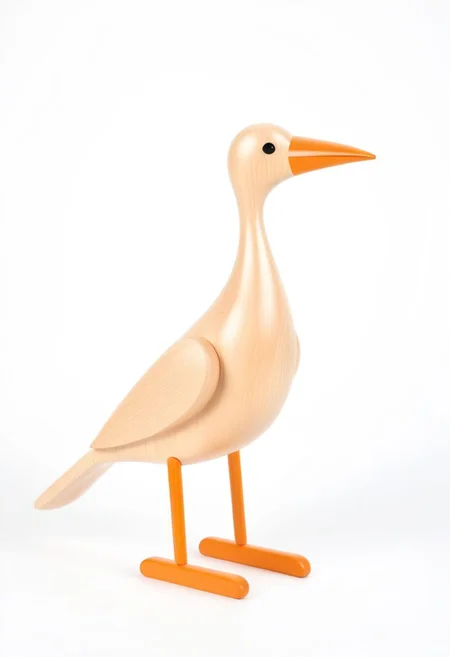 (expert craftsmanship:1.8), (high resolution, product photography, photo studio background:1.2), (modern wooden toy animal, avian creature:1.8), (fine wood, realistic wood material:1.5), (simple form, abstract form, multiple parts:1.9), (finely crafted parts, simple shape, elegant shape, ambiguous shape, stout shape, innocent shape:1.4), (comfortable, playful, friendly:1.5), (tall, lanky, whimsical:1.7), (Bauhaus Design aesthetic:1.7)