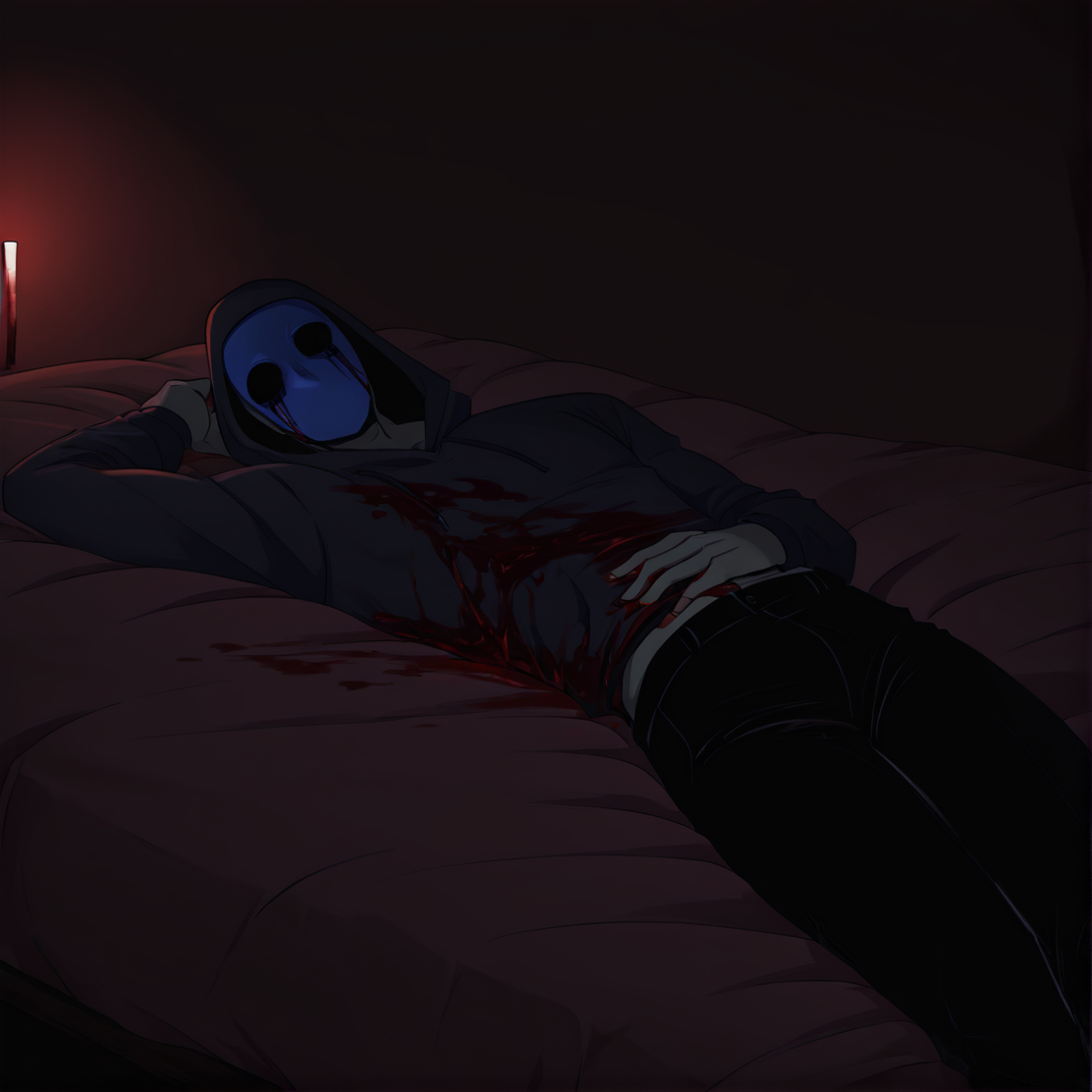 <lora:Eyeless_Jack:1> jack, hood, solo, blue mask, 1boy, male focus, grey skin, slim, blood, blood on clothes, black pants, bed, laying, masterpiece, high quality, dark bedroom background, <lora:DarkerThanBlackIllustrious:1> masterpiece \(quality\), dark, dim lighting