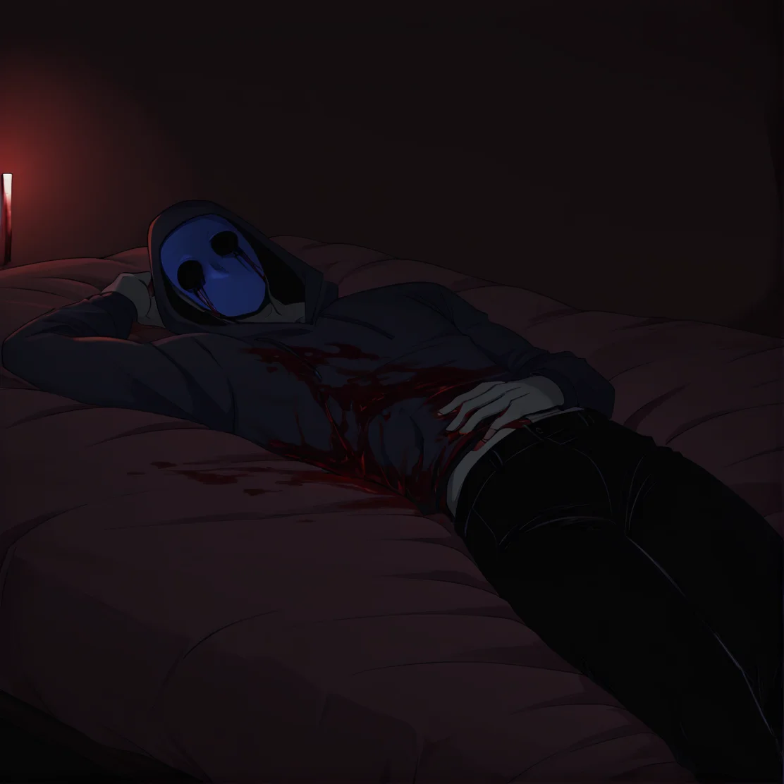 <lora:Eyeless_Jack:1> jack, hood, solo, blue mask, 1boy, male focus, grey skin, slim, blood, blood on clothes, black pants, bed, laying, masterpiece, high quality, dark bedroom background, <lora:DarkerThanBlackIllustrious:1> masterpiece \(quality\), dark, dim lighting