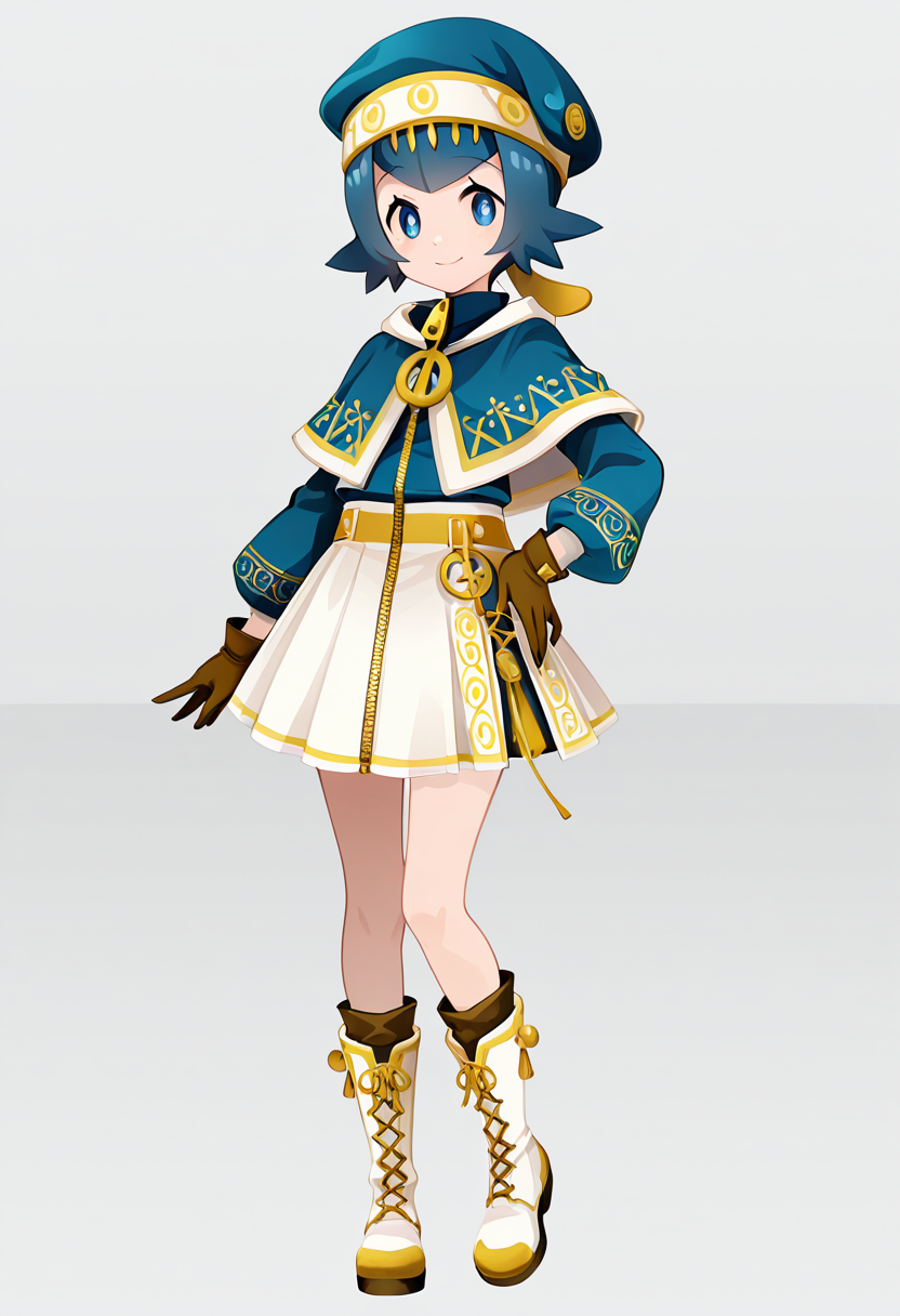 masterpiece, best quality, 1girl, solo, eyelashes, (beautiful eyes),   zzLana, yellow hairpiece, <lora:LanaPokemonIXL_e06:1.0> (v), hand on hip, smile, dynamic angle,  C0utur3Cr4z3, solo, simple background, gloves, long sleeves, hat, white background, standing, full body, boots, capelet, white footwear, brown gloves, blue headwear, zipper, white skirt,   <lora:CoutureCraze_IXL:1.0>,