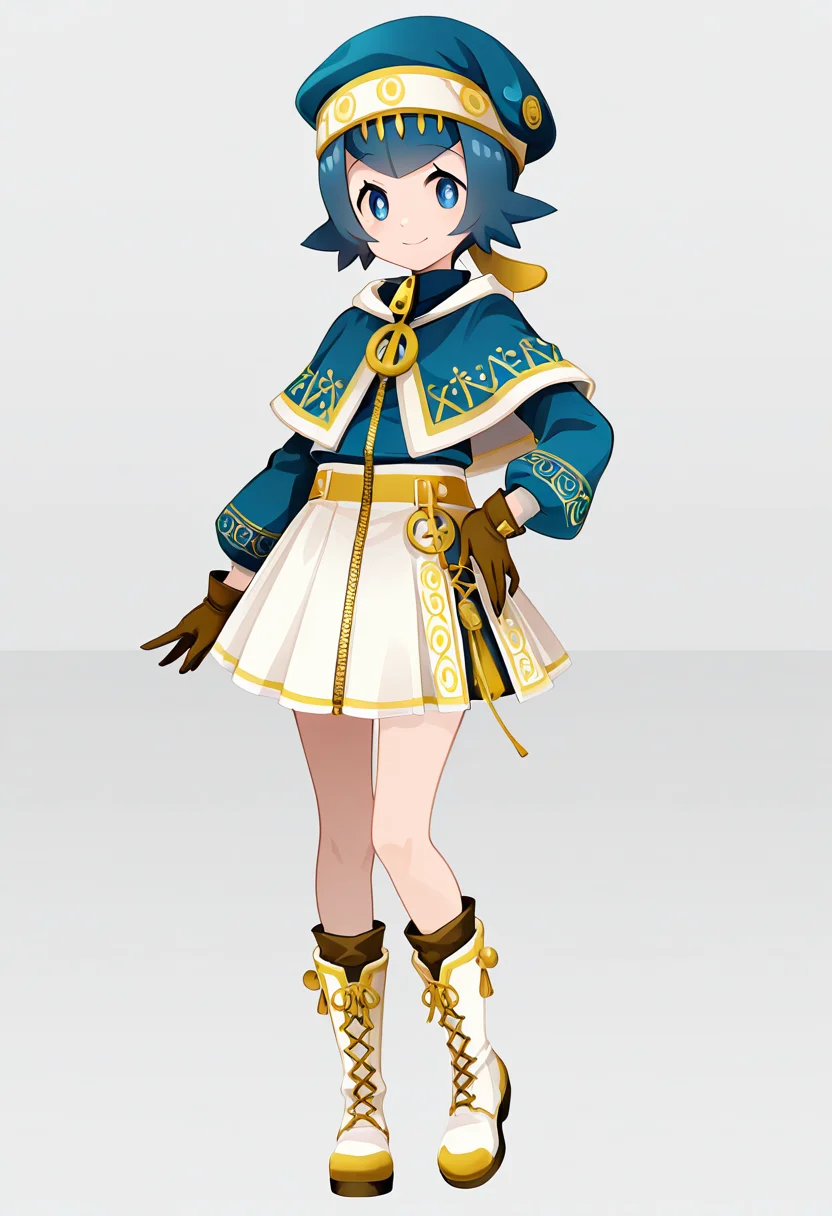 masterpiece, best quality, 1girl, solo, eyelashes, (beautiful eyes), zzLana, yellow hairpiece, <lora:LanaPokemonIXL_e06:1.0> (v), hand on hip, smile, dynamic angle, C0utur3Cr4z3, solo, simple background, gloves, long sleeves, hat, white background, standing, full body, boots, capelet, white footwear, brown gloves, blue headwear, zipper, white skirt, <lora:CoutureCraze_IXL:1.0>,