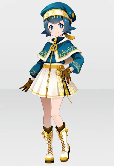 masterpiece, best quality, 1girl, solo, eyelashes, (beautiful eyes), zzLana, yellow hairpiece, <lora:LanaPokemonIXL_e06:1.0> (v), hand on hip, smile, dynamic angle, C0utur3Cr4z3, solo, simple background, gloves, long sleeves, hat, white background, standing, full body, boots, capelet, white footwear, brown gloves, blue headwear, zipper, white skirt, <lora:CoutureCraze_IXL:1.0>,