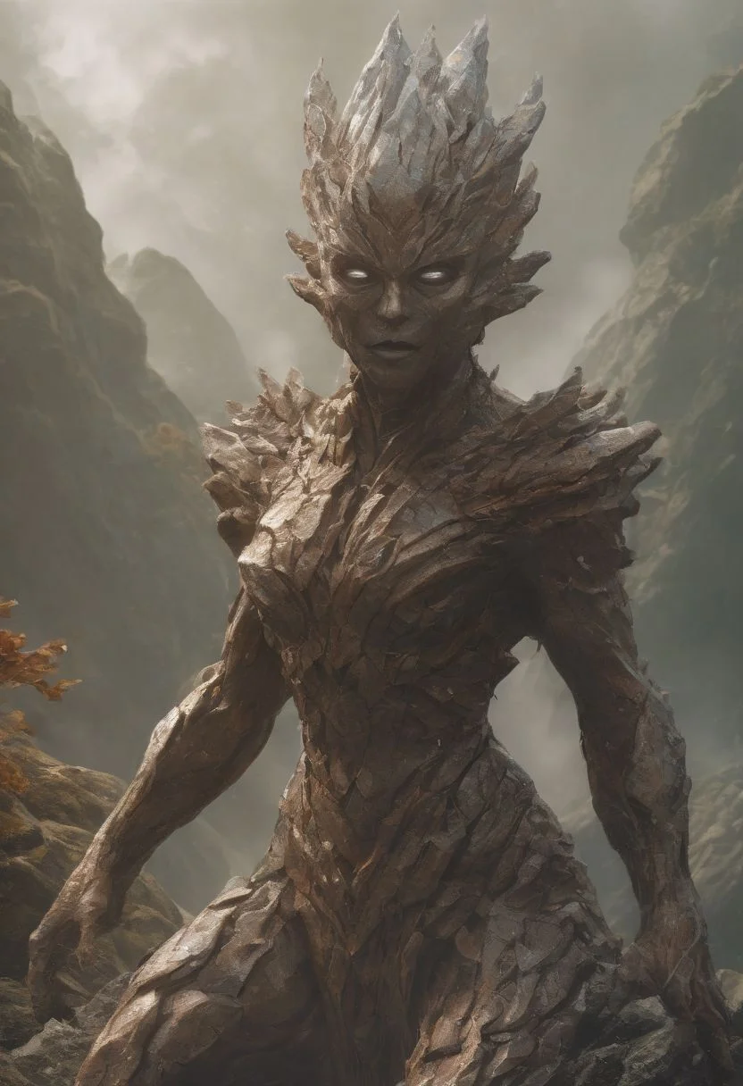a stormy scene with lightning in the background, in the center of the image is a large rock sculpture of a woman carved on a mountain, the sculpture is glistening in the sunlight against the storm, inside the sculpture is an air elemental, the eyes of the sculpture glisten with a red fiery light, stormy sky with lightning in the background, looking up at the stone sculpture with the ground far below