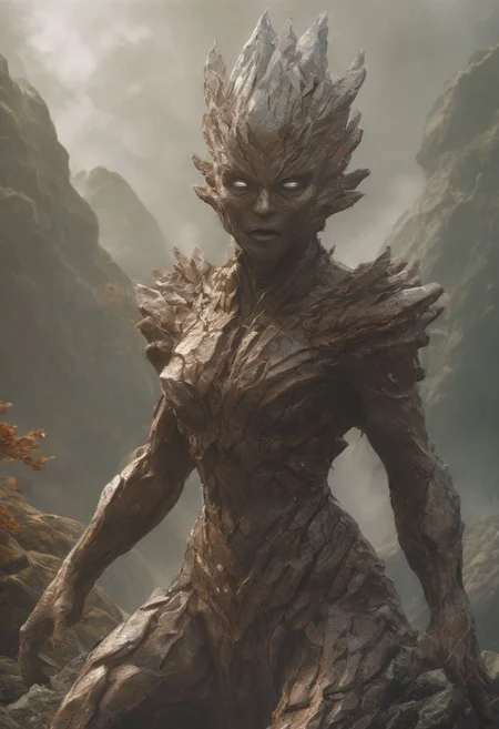 a stormy scene with lightning in the background, in the center of the image is a large rock sculpture of a woman carved on a mountain, the sculpture is glistening in the sunlight against the storm, inside the sculpture is an air elemental, the eyes of the sculpture glisten with a red fiery light, stormy sky with lightning in the background, looking up at the stone sculpture with the ground far below