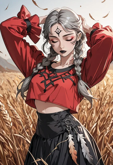 (high_quality, newest, incredibly_absurdres, very aesthetic, zbrush_\(artwork\), digital_painting_\(artwork\), flat_colors, anime_coloring)
(HVC-Illu, 1girl, solo, side_braids, makeup, black_lips, red_shirt, wheat_field, crop_top, wide_sleeves, high_waisted_bottomwear, jewelry, feathers, skirt, closed eyes, jewelry, grey hair, twin braids, tattoos, outdoors, long sleeves, facial mark, facial tattoo), m1k4