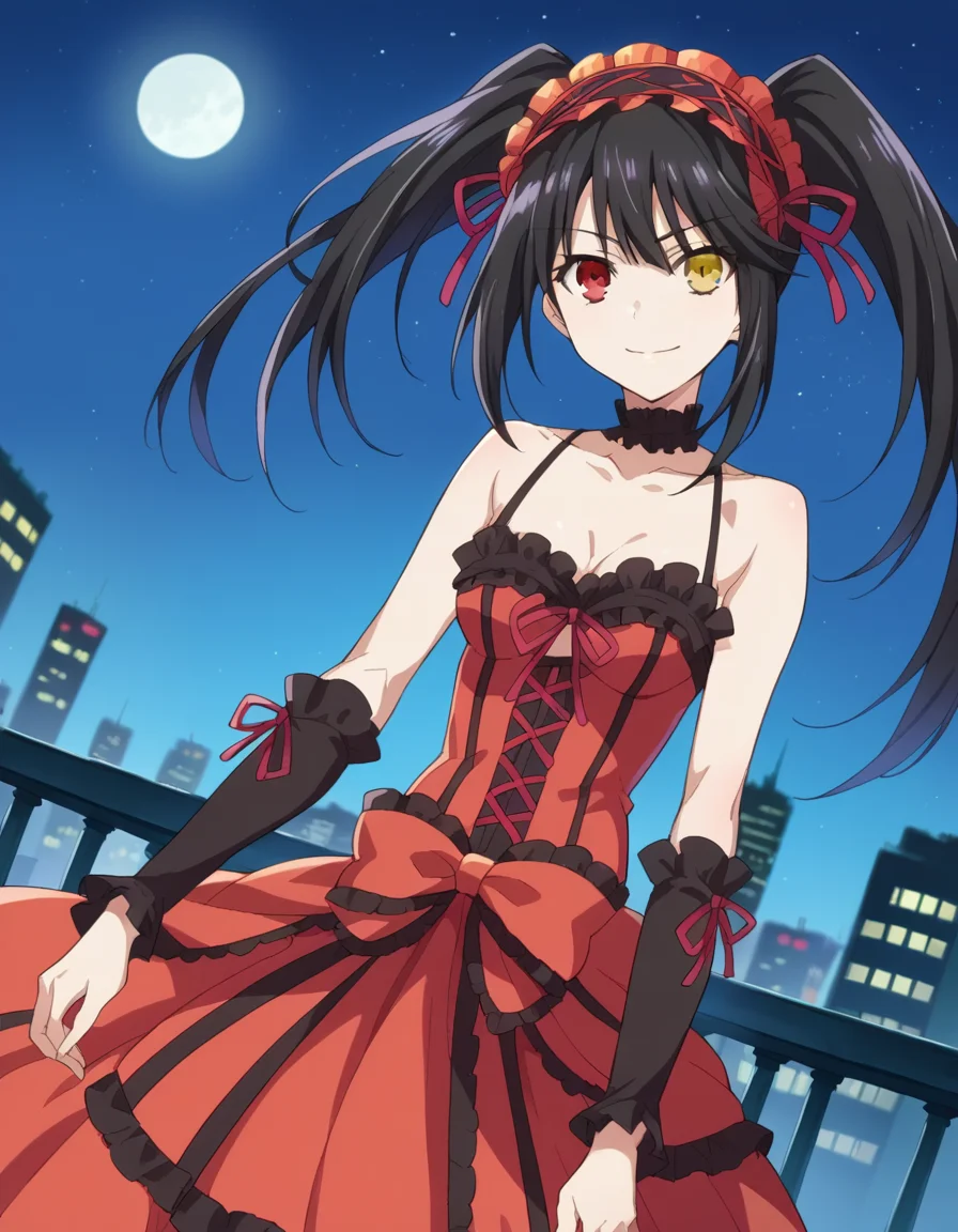 score_9, score_8_up, score_7_up, source_anime,
kurumitokisaki, <lora:kurumi-tokisaki-ponyxl-lora-nochekaiser:1>,
kurumi tokisaki astral dress, long hair, black hair, red eyes, twintails, yellow eyes, hairband, heterochromia, smile, dress, red dress, bare shoulders, collarbone, choker, bowtie, red bowtie, detached sleeves, corset, frills,
outdoors, cityscape, night sky, starry sky, moon,
looking at viewer, cowboy shot, dutch angle,