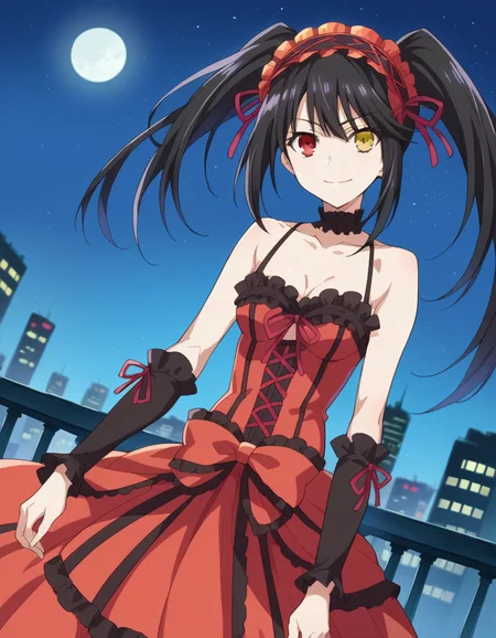 score_9, score_8_up, score_7_up, source_anime,
kurumitokisaki, <lora:kurumi-tokisaki-ponyxl-lora-nochekaiser:1>,
kurumi tokisaki astral dress, long hair, black hair, red eyes, twintails, yellow eyes, hairband, heterochromia, smile, dress, red dress, bare shoulders, collarbone, choker, bowtie, red bowtie, detached sleeves, corset, frills,
outdoors, cityscape, night sky, starry sky, moon,
looking at viewer, cowboy shot, dutch angle,