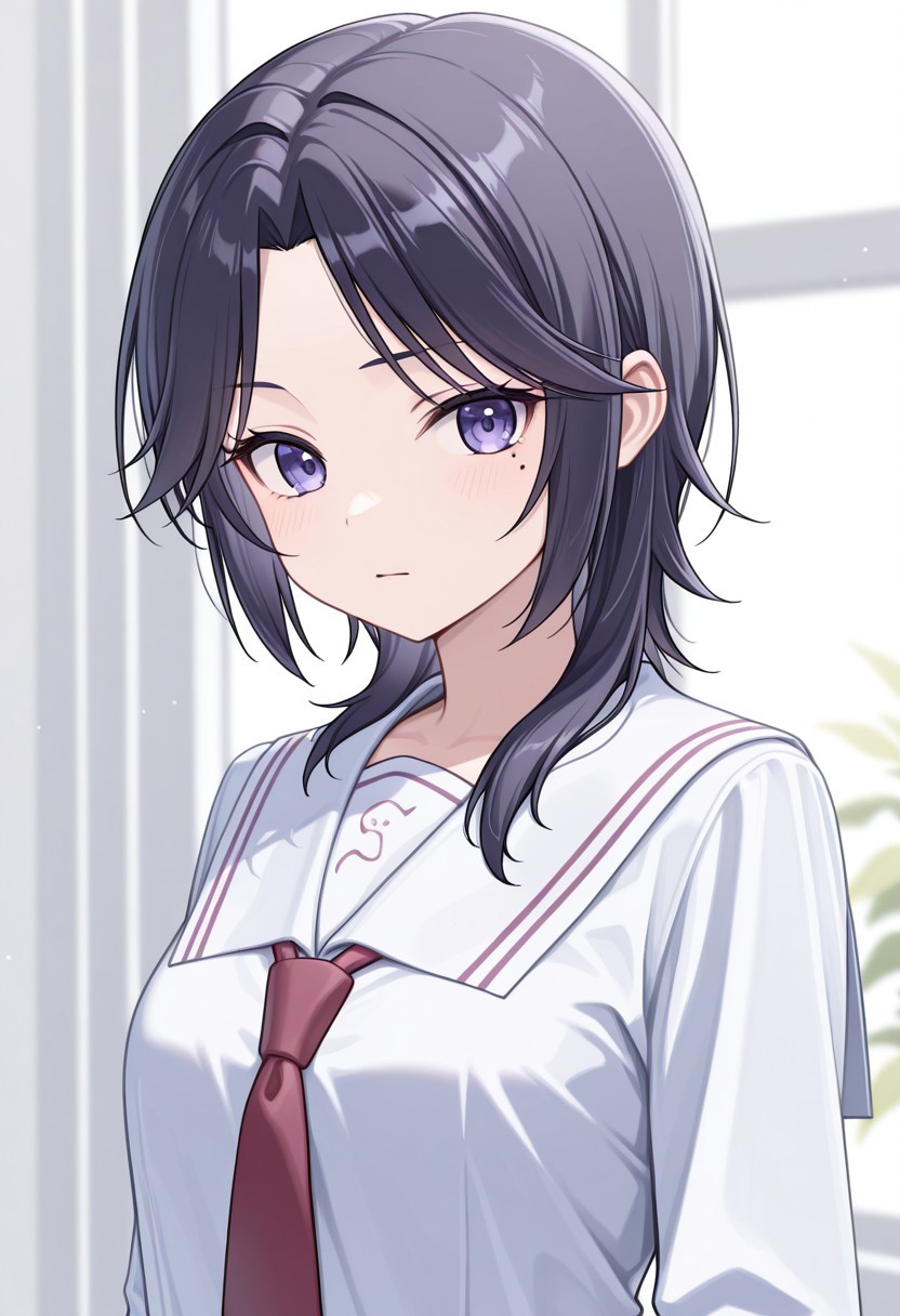masterpiece, best quality, 32k, high resolution, absurdres, hida shouko, sailor collar, white sailor collar, long sleeves, mole under eye, white shirt, mole, upper body, red necktie, closed mouth