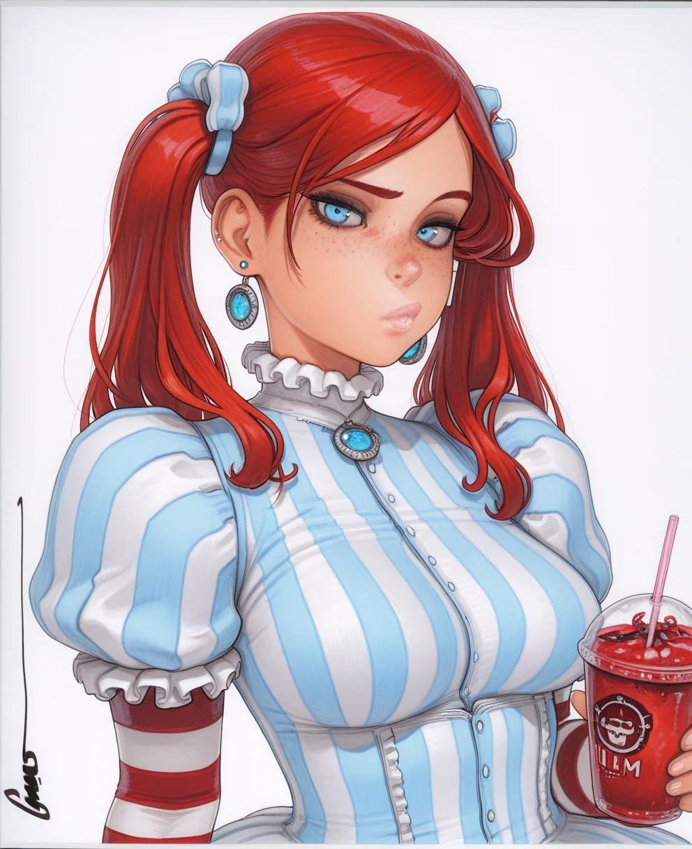 <lora:omar_dogan:1> omar_dogan,
(masterpiece), (best quality), (ultra-detailed), amazing quality, very aesthetic, illustration, perfect composition, intricate details, absurdres, incredibly absurdres, shiny skin, realistic,
omar_dogan, freckles, 1girl, jewelry, earrings, twintails, red hair, blue eyes, puffy sleeves, disposable cup, cup, breasts, looking at viewer, , , signature, striped clothes, long sleeves, cup, dress, striped dress, , upper body, white background, traditional media, drinking straw, striped shirt, simple background, short sleeves, frills, juliet sleeves, sensitive