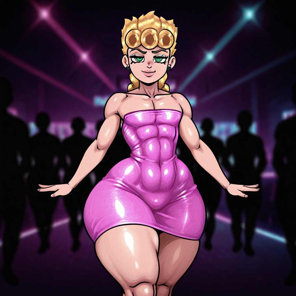 Giorno,blonde hair,green eyes,1boy,wide hips,thick thighs,pink dress,strapless dress,smile,smug,nightclub,expressive, masterpiece,best quality,amazing quality,solo