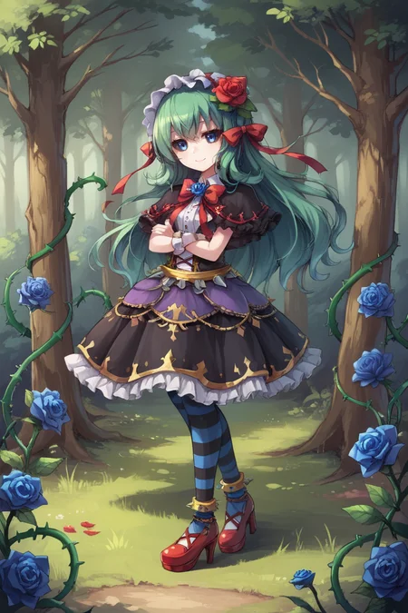 score_9, score_8_up, score_7_up, source anime, BREAK, <lora:Tora:0.70> , tordef, 1girl, solo, long hair, green hair, colored sclera, black sclera, blue eyes, flower, hair flower, blue rose, blue flower, red bow, hair ornament, red ribbon, hair bow, hair ribbon, capelet, frilled capelet, cross-laced clothes, red bowtie, hairband, frilled hairband, layered dress, collared dress, frilled dress, yellow belt, spiked belt, (wrist cuffs), striped, striped thighhighs, horizontal-striped thighhighs, anklet, yellow anklet, spiked anklet, high heels, plant, rose, thorns, vines, full body, looking at viewer, scenery, exterior, outdoors, <lora:backgroundsetXL:0.2> , background, (solo), smile, <lora:UNW3LLXLP:0.65> , unw3ll, gloomy, eerie, crossed arms,