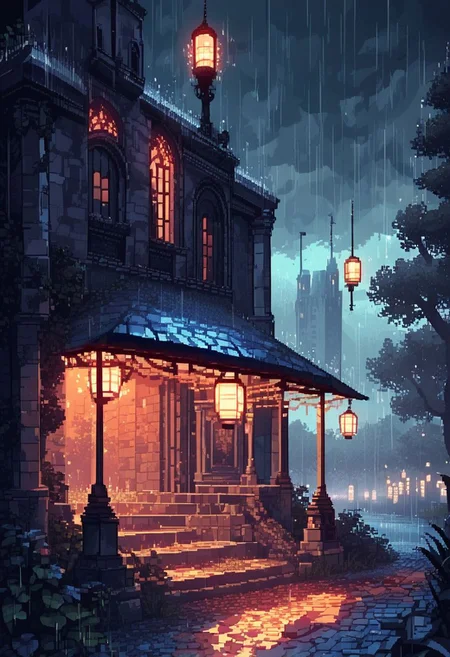 score_9, score_8_up, score_7_up,soft shadows, dark,night,cloudy, rain,storm, heavy rain, heavy-rain BREAK
no humans, mansion, trees, lights inside building, lanterns, beautiful lawn, fountains in front of building, brick walls, wet, wet ground, pixel art, 64bits
<lora:Pony_DetailV2.0:1.0> <lora:Rain (pony) v1:1>