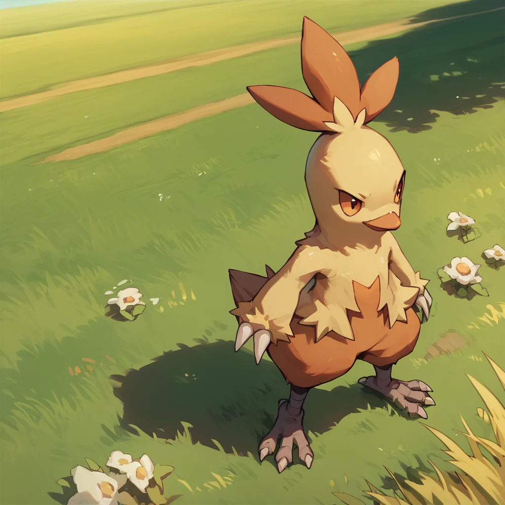 score_9, score_8_up, score_7_up, score_6_up, <lora:Combusken_PDXL:1> combuskenpkmn, combusken, field, grass, standing, day, sun, sky, full-length portrait, solo, solo focus, high-angle view,