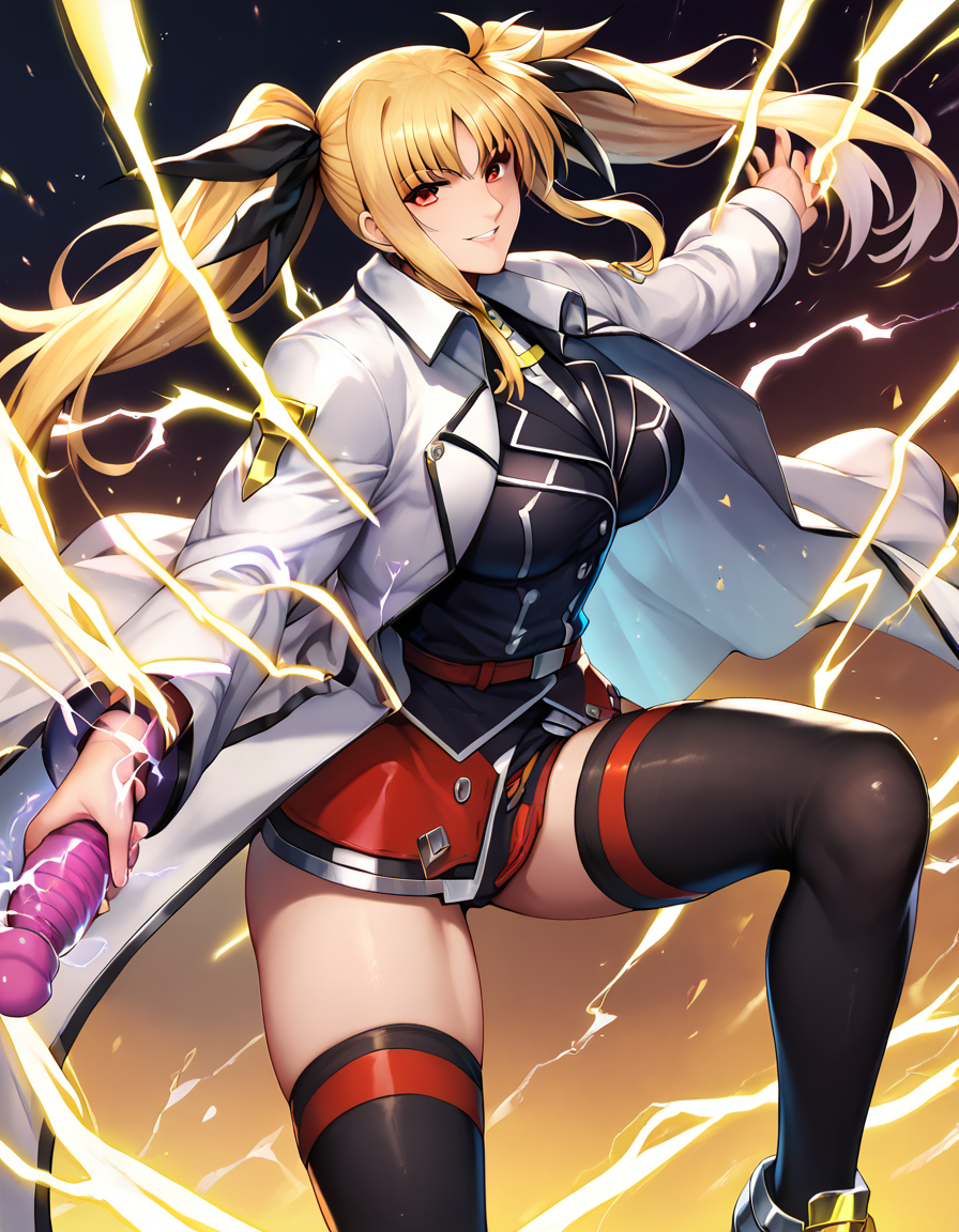(((barrierjacket:1.1))),score_9, score_8_up, score_7_up,fate testarossa,  <lora:[reizei]fate testarossa pony:1>,large breasts,red eyes, smile, looking at viewer, twintails,fighting stance,  <lora:xl_shanbailing_0927lightning:0.5>,composed of elements of thunder,yellow thunder,electricity,energy sex toy, black legwear, holding sex toy,