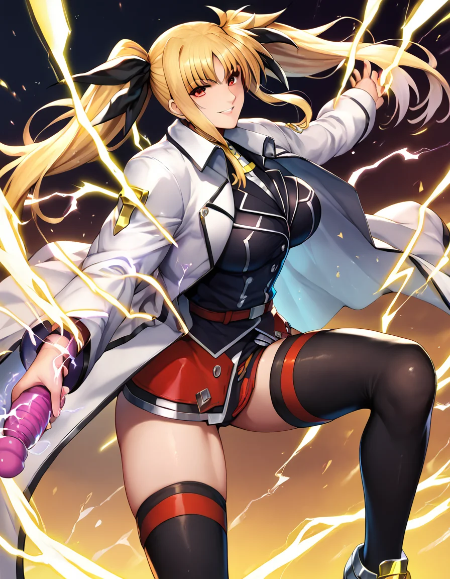 (((barrierjacket:1.1))),score_9, score_8_up, score_7_up,fate testarossa,  <lora:[reizei]fate testarossa pony:1>,large breasts,red eyes, smile, looking at viewer, twintails,fighting stance,  <lora:xl_shanbailing_0927lightning:0.5>,composed of elements of thunder,yellow thunder,electricity,energy sex toy, black legwear, holding sex toy,