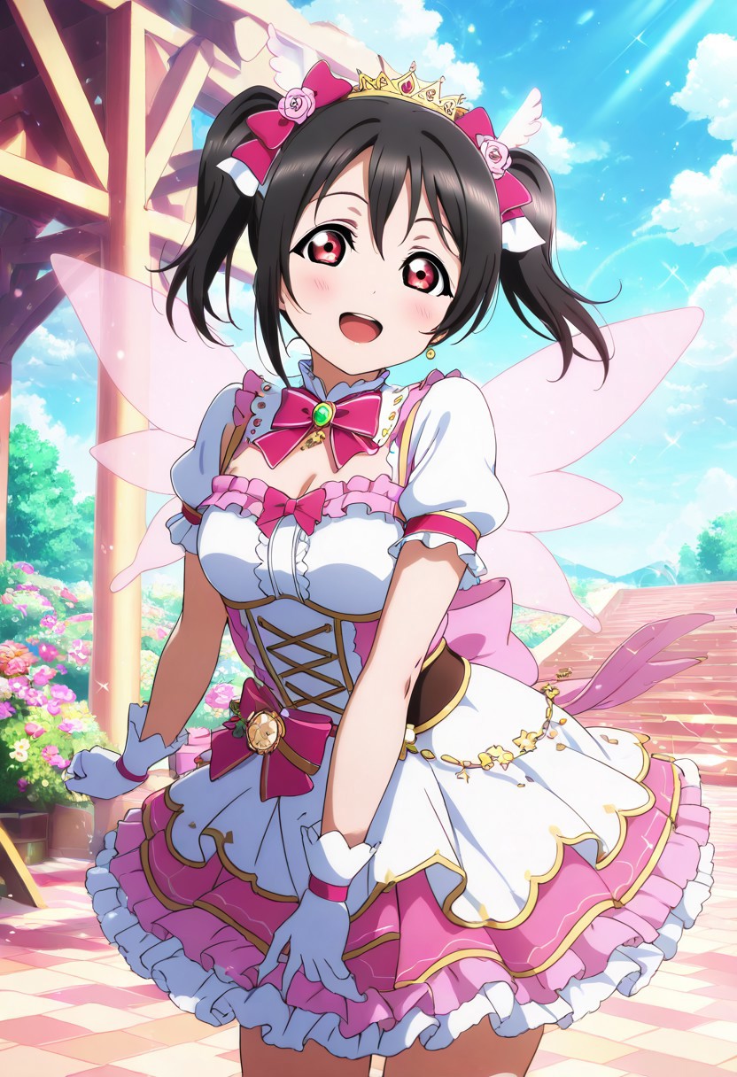 masterpiece, best quality, solo, 1girl, aged up, happy, large breasts, 
 niko_yazawa, yazawa_niko, black hair, red eyes, twintails, bow, hair bow, pastel-colored fairy idol costume, sky-blue and pink dress, sparkly wings, puffy sleeves, floral hair accessory, enchanted garden stage with glowing mushrooms, floating orbs, soft magical glow, joyful and dreamlike atmosphere