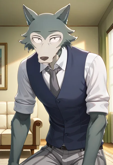 high quality, detailed, male, solo male, Legoshi, anthro, wolf, beastars, mature male, animal ears, grayish blue fur, brown eyes, athletic build, indoors, living room, blue vest, white dress shirt, gray tie, gray pants, looking at viewer, half body
