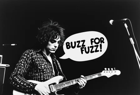 syd Barrett playing interstellar overdrive. (A speech bubble next to him says "Buzz for Fuzzz":1.2). Psychedelic aliens are the audience.
