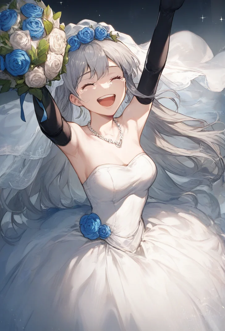 (score_9, score_8_up:1.1), score_7_up, masterpiece, <lora:Angelica_LOR:1>, AngelicaLOR, 1girl, solo, long hair, breasts, smile, open mouth, gloves, white background, dress, bare shoulders, jewelry, closed eyes, flower, grey hair, teeth, black gloves, elbow gloves, tears, armpits, necklace, white dress, arms up, sparkle, veil, blue flower, bouquet, wedding dress, bridal veil, holding bouquet, bride, happy tears