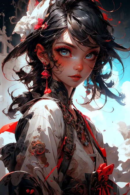 close-up shot, woman, gothic make-up, detailed skin, light freckles, shallow depth of field, OverallDetail
<lora:more_details:0.4>
 <lora:Cosmic anime-oil fusion v2:0.45> 
<lora:AnimeVibesV3:0.3> animevibes, 
<lora:3DMM_V11:0.5> 3DMM 
<lora:midjourney_20230624181825:0.7> midjourney ,
 <lora:LAS:0.5> cloud,colorful,
<lora:msw_locon-t2:0.6>
 <lora:wuxia2:0.6> gu,
 <lora:CyberpunkStyleV1:0.2> PunkAI ,
<lora:CatgirlMaidV1.0-000003:0.35> CatgirlMaid, shiny, shiny hair, shiny skin, shiny clothes