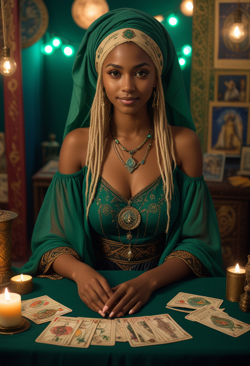 (medium full shot) of (mystical fortune teller) young woman, south african, dark skin, brown eyes, Medium build, long blonde afro hair, wearing a embroidered shawl , emerald green flowy dress, ankle boots, bold eyeliner, tarot cards, headscarf,  set in  a twilight fair, bathed in soft lighting, with an air of mystery, magical performers, an inviting fortune tellerâs booth, during twilight, woman smiling, Masterpiece,best quality, photo, realistic, very aesthetic, detailed face,