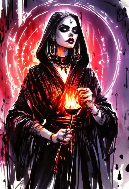 inksketch,
a grim faced young woman wearing a black robe, buzzcut, lipstick, magic circle, sorceror, crystals, portal, lighting, fire, mist, ritual,