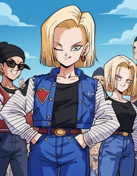 score_9, score_8_up, score_7_up, source_anime, <lora:android-18-anime-ponyxl-lora-nochekaiser:1>, android 18, blonde hair, blue eyes, eyelashes, hoop earrings, short hair, earrings, <lora:letterman-jacket-ponyxl-lora-nochekaiser:1>, letterman jacket, jacket,, outdoors, crowd, people, v, v over eye, one eye closed, tongue out, smile, beanie, pants, open clothes, open jacket, , cowboy shot, dutch angle