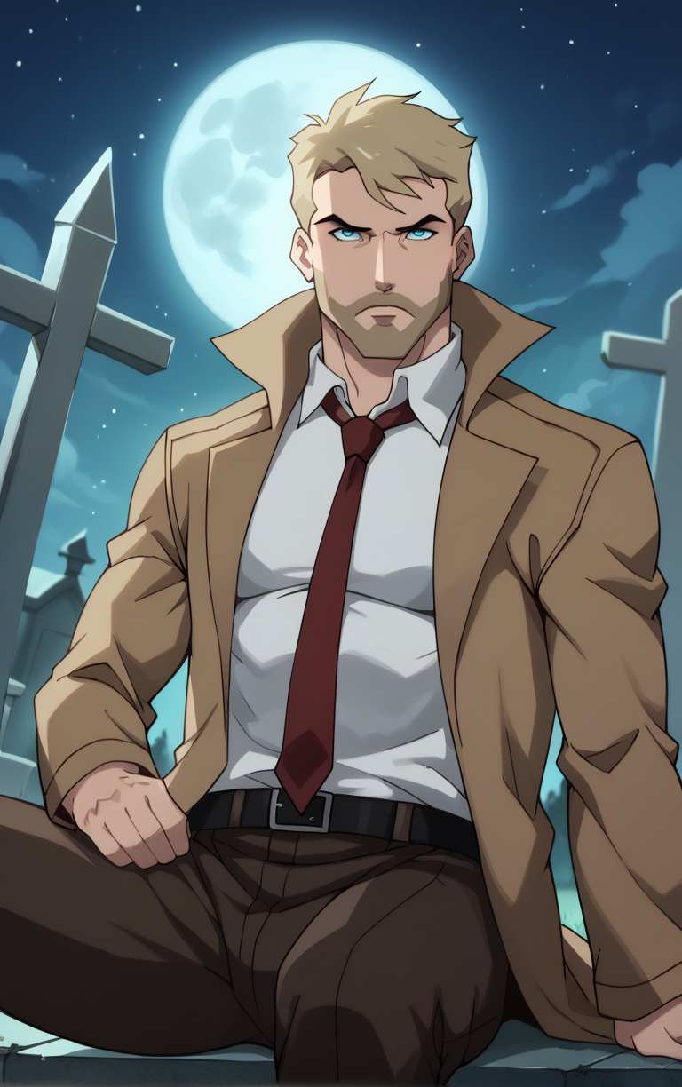 score_9, score_8_up, score_7_up, looking at viewer,  BREAK
DCAU_JL_JohnConstantine_ownwaifu, 
1boy, blonde hair, blue eyes, male focus, short hair, facial hair, mustache, 
red necktie, trench coat, white shirt, collared shirt, open coat, brown coat, belt, pants, coat, long sleeves, beard, brown jacket, formal, brown pants, popped collar, black belt, long coat
(sitting, full moon), graveyard, grave, tombstone, moonlight, <lora:PONYXL_DCAU_JL_JohnConstantine_ownwaifu:0.8> , depth of field, solo, Interesting Image, Captivating Image,