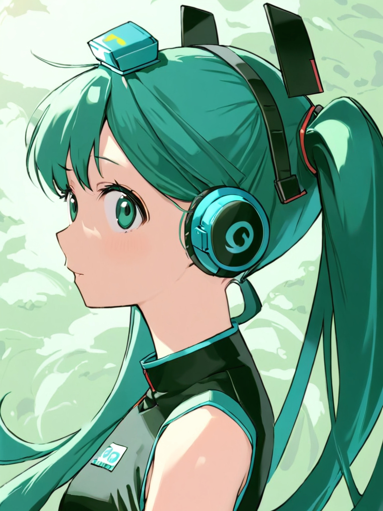 <lora:comicloa1_xl:1>,1girl,hatsune miku, long hair,green hair,twintails, headgear,