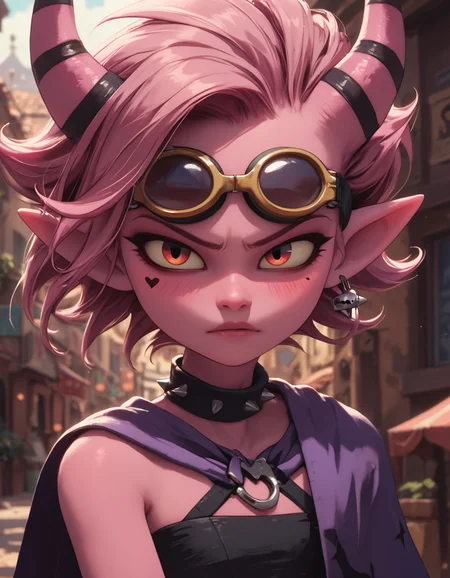 PonyScores7, 1girl,  Salliemay, hair over one eye, demon horns, striped horns, yellow sclera, petite, close-up
realistic, toon \(style\),
blushing,  volumetric lighting,
<lora:Helluva_CartoonStyle_pony_v1:1.0> HCSV1 <lora:Beelzebub_sandland_pony:0.5> solo, pink skin, pointy ears, pink hair, spiked hair, black eyes, goggles, purple cape
