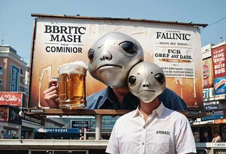 score_9, score_8_up, score_7_up, text title "Drink Barf" 1boy on billboard, large head, afternoon, beer mug,, white button shirt, upper body, albinauric_mask, <lora:ryth-albinauric-mask:1>, wide billboard, advertisement,
