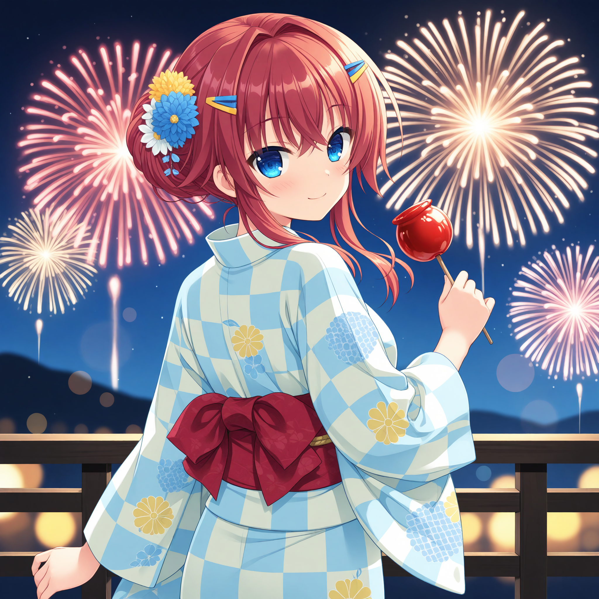<lora:Kohinata_Hibiki_1_nai-000008:1>,Kohinata Hibiki,
hair ornament,hair intakes,crossed bangs,hairclip,single hair bun,sidelocks,hair flower,japanese clothes,wide sleeves,sash,blue flower,long sleeves,yellow flower,hair bun,yukata,floral print,checkered kimono,white flower,print kimono,blue kimono,white kimono,red obi,
BREAK
1girl,solo,smile,holding,candy apple,from back,looking at viewer,looking back,night,aerial fireworks,firework background,depth of field,lens_flare,