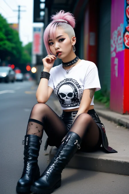 (street photography) Japanese punk girl,(JAV),punk wearing a vintage rock band t-shirt ,ripped mesh leggings,knee-high leather boots, metallic silver hair, doughnut hair bun, nose piercing,ear piercings, mascara,studded choker,silver skull rings,provocative allure,intricate background,<lora:Jasmine:1.4>,eye catchlights,