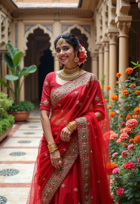 The professional portrait captures the essence of Indian culture and elegance, featuring an Indian woman dressed in a stunning Angrakha, a traditional Indian attire. The Angrakha is a robe-like garment, typically worn in the northern parts of India, characterized by its asymmetrical style and overlapping panels. The Angrakha in this portrait is a vibrant shade of red, symbolizing love, passion, and power, making the subject stand out against the lush background.
The Angrakha is adorned with intricate traditional embroidery in gold and silver threads, showcasing the craftsmanship and attention to detail that goes into creating such a masterpiece. The embroidery features floral motifs, geometric patterns, and elaborate borders, adding a touch of royalty and grandeur to the attire. The panels of the Angrakha are carefully draped over the subject's shoulder, revealing a glimpse of her matching red blouse underneath, enhancing the overall visual appeal of the portrait.
The subject of the portrait is a woman who embodies grace and elegance, wearing golden jewelry that complements her attire. A statement neckpiece adorned with precious stones and intricate carvings graces her neck, drawing attention to her delicate collarbones. Golden bangles, earrings, and rings complete her jewelry ensemble, adding a touch of opulence and sophistication. Her hair is tied in a neat bun, adorned with fresh flowers, adding a touch of freshness and femininity to the portrait.
The woman is standing in a beautifully decorated Indian courtyard, showcasing the exquisite handicrafts that are an integral part of Indian culture. The courtyard features a marble floor with floral patterns, adding a touch of elegance and sophistication to the setting. A beautifully carved stone pillar stands beside the subject, adding a sense of grandeur and majesty to the portrait.
The background of the portrait features blooming flowers and ancient architecture, adding a touch of natural beauty and cultural significance to the setting. The flowers include marigolds, roses, and jasmine, symbolizing joy, love, and purity, respectively. The ancient architecture in the background features intricate carvings and sculptures, showcasing the rich history and heritage of Indian culture.
The portrait is a high-quality one, capturing the subject in stunning detail, making it perfect for cultural representation and fashion projects. The use of natural light and a neutral background highlights the vibrant colors and intricate details of the subject's attire and jewelry, making her the center of attention. The woman's confident stance and radiant smile add a touch of warmth and approachability to the portrait, making it an ideal representation of Indian culture and elegance.