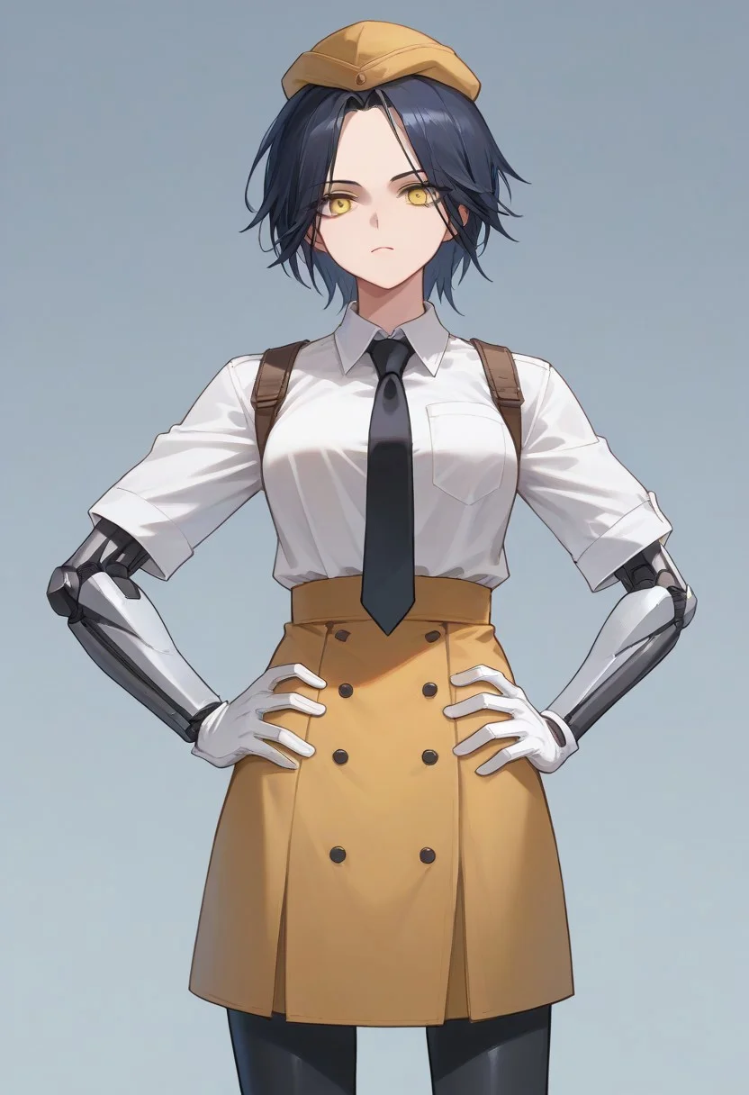 score_9, score_8_up, score_7_up, source_anime, BREAK, standing, contrapposto, hands on hips, black hair, yellow eyes, (single mechanical arm), hat, black necktie, white shirt, skirt, white gloves