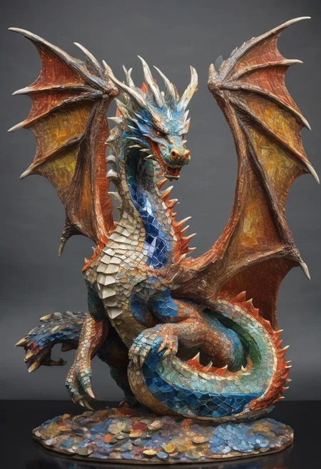 masterpiece, best quality,highly detailed and hyper realistic, (((A fabulous dragon made of multicolored ceramic tiles)))