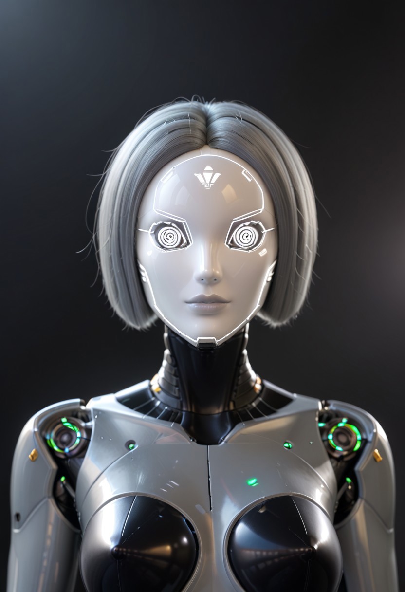 A 35mm photo of a beautiful robotic woman, she has a faceless robotic head, robot, metallic grey hair, smooth metallic featureless feminine body, metallic dark grey skin, long grey hair, dark grey mechanical eyes that don't glow
no face