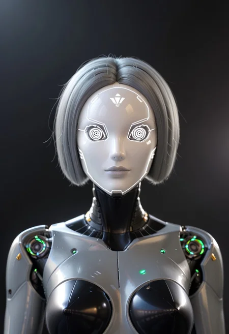 A 35mm photo of a beautiful robotic woman, she has a faceless robotic head, robot, metallic grey hair, smooth metallic featureless feminine body, metallic dark grey skin, long grey hair, dark grey mechanical eyes that don't glow
no face