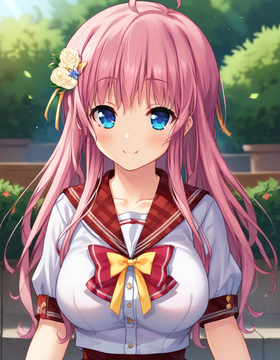 score_9,score_8_up,score_7_up,score_6_up BREAK official art,solo,outdoors,upper body,(portrait:1.5),looking at viewer,facing viewer,smile,blush,Nanase Momoka,ahoge,long hair,pink hair,hair flower,hair ornament,sidelocks,bangs,blue eyes,red sailor collar,plaid sailor collar,pink bow,yellow ribbon,white shirt,short sleeves,large breasts,red skirt,plaid skirt,frilled thighhighs,white thighhighs,loafers,<lora:Nanase Momoka(ip2)-Pony:1.5>,