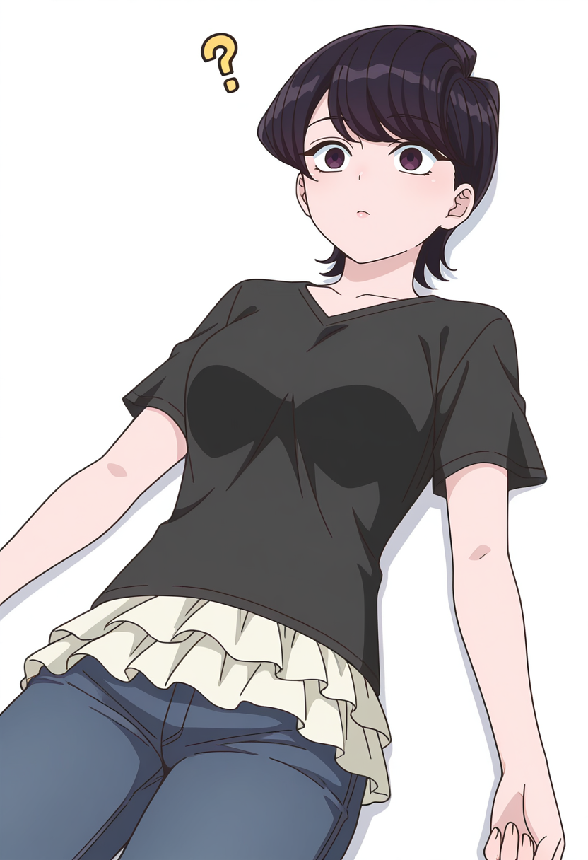 Smooth Quality,masterpiece,very intricate, high quality details, ultra realistic, high detailed skin,detailed enviorement,
simple background, white background, confused,
on back, solo, 
layered skirt,,t-shirt, , <lora:Komi_Shuuko_cnn:0.8> komishuukocnn, 1girl,black hair, short hair, bangs, purple eyes,mature female,shirt, jeans, short sleeves,