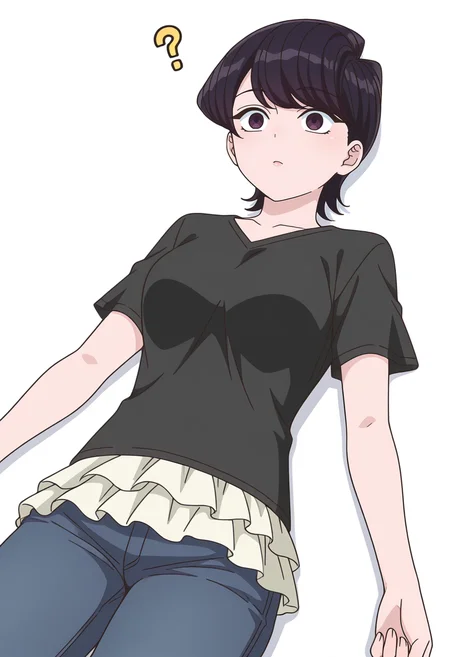 Smooth Quality,masterpiece,very intricate, high quality details, ultra realistic, high detailed skin,detailed enviorement,
simple background, white background, confused,
on back, solo, 
layered skirt,,t-shirt, , <lora:Komi_Shuuko_cnn:0.8> komishuukocnn, 1girl,black hair, short hair, bangs, purple eyes,mature female,shirt, jeans, short sleeves,