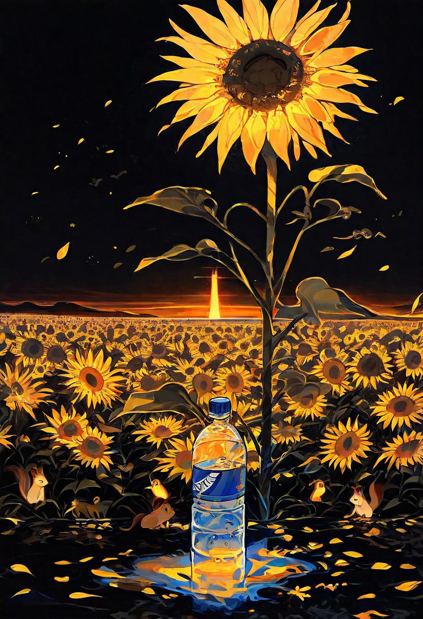 JNANX,black background,psychedelic colors,ethereal,futuristic surrealism,gw,glowing,night,night sky,trippy,
"Create a dramatic scene in a vast sunflower field under a golden sunset. A determined squirrel with intricate fur details stands atop a weathered, half-empty water bottle, its tiny paws gripping the cap. The sunflowers around it are slightly wilted, emphasizing a drought-stricken environment. Use intense golden-hour lighting with deep shadows and warm hues to highlight the squirrel's struggle and resilience. Include reflective details on the water bottle and texture in the sunflowers' petals. Focus on contrast between the small squirrel and the towering sunflowers to evoke emotion and tension."