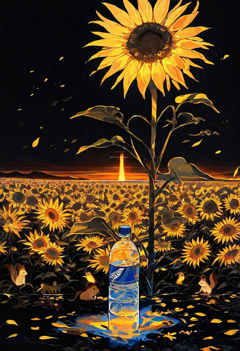 JNANX,black background,psychedelic colors,ethereal,futuristic surrealism,gw,glowing,night,night sky,trippy,
"Create a dramatic scene in a vast sunflower field under a golden sunset. A determined squirrel with intricate fur details stands atop a weathered, half-empty water bottle, its tiny paws gripping the cap. The sunflowers around it are slightly wilted, emphasizing a drought-stricken environment. Use intense golden-hour lighting with deep shadows and warm hues to highlight the squirrel's struggle and resilience. Include reflective details on the water bottle and texture in the sunflowers' petals. Focus on contrast between the small squirrel and the towering sunflowers to evoke emotion and tension."