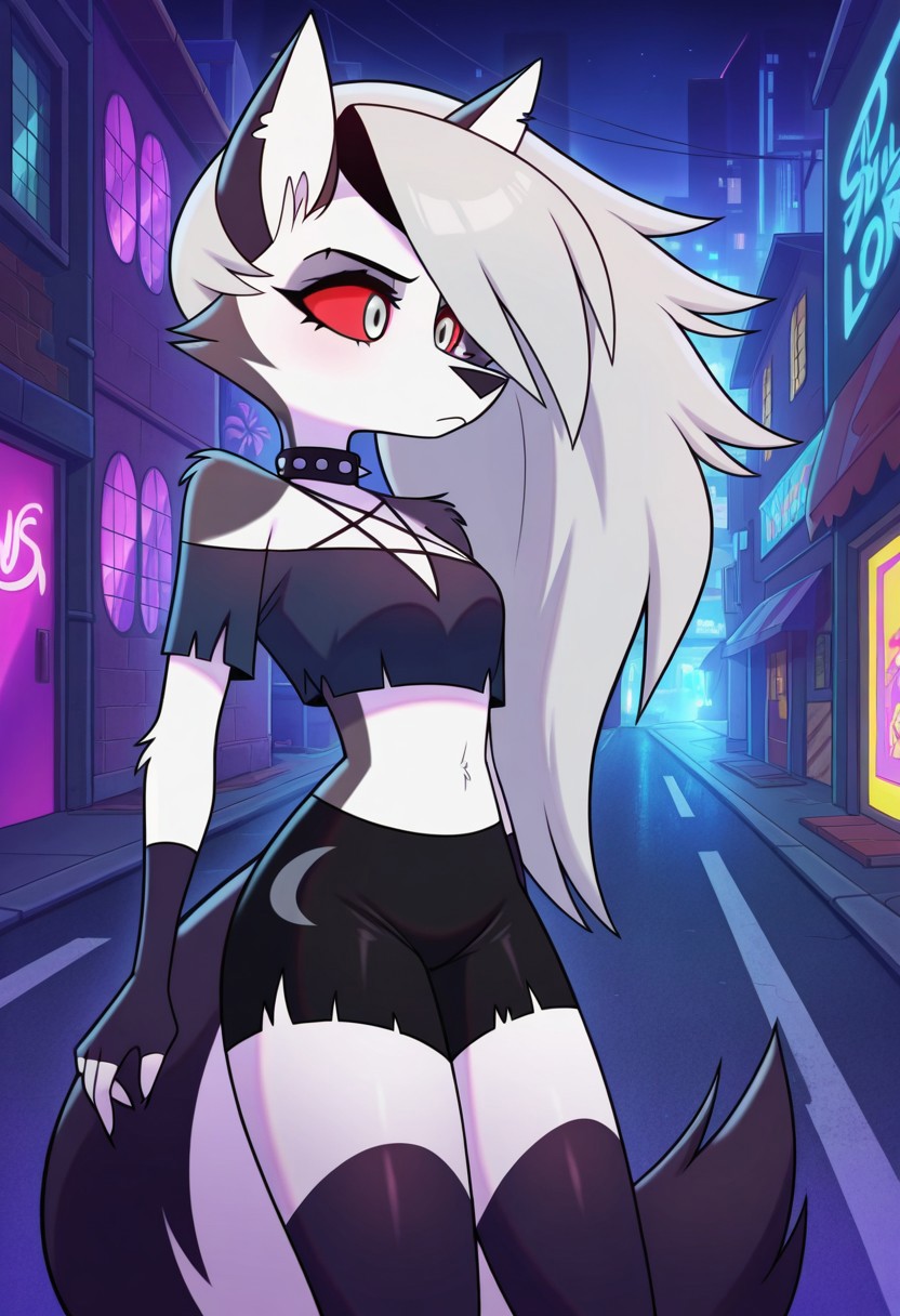AMAZING QUALITY, MASTERPIECE, 1GIRL, SOLO, LOONA, FURRY, GREY HAIR, SILVER EYES, RED SCLERA, CROP TOP, MICRO SHORTS, NIGHT, STREETS, NEON GLOW,