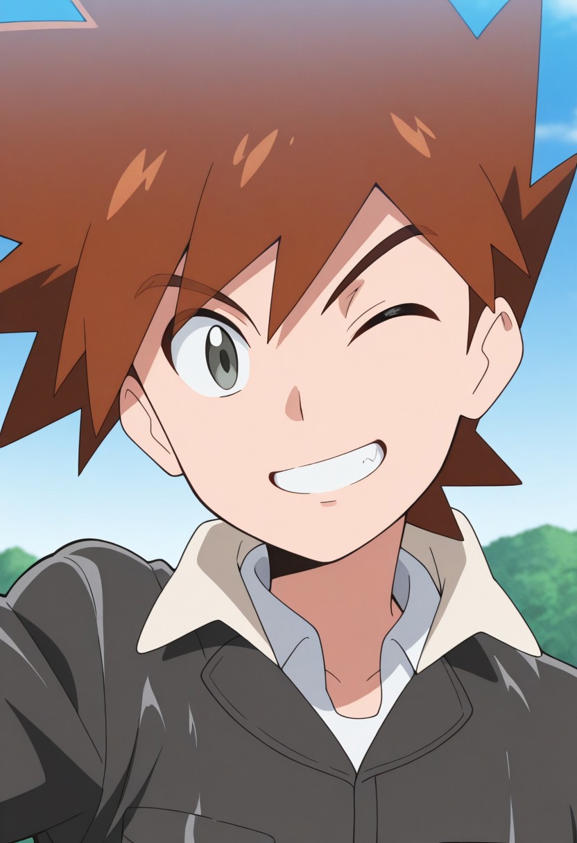 masterpiece,best quality,amazing quality, source_anime, 
shige_jou, 1boy, male focus, solo, grey eyes, brown hair, spiked hair, shirt, white shirt, collared jacket, jacket, black jacket, portrait, smile, grin, one eye closed,
outdoor,