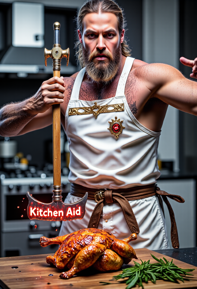 newfantasycore. 
masterpeice  photograph artwork , 8k, UHD , HDR an high quality, extremely detailed image of a angry 45 yera old muscular barbarian chef  with detailed natural face, proud with determination, lookin at the camera with determination,he ((his hair and beard are braided like vikings)) . His chef attire is white with intricate gold Glowing embroidery and fur.((he stand on a kitchen)) handling a Glowing big,large,huge double Battle-Axe made of red melted glowing steel With magic words "Kitchen Aid" engraved on the steel in white glowing Gothic font. He's hitting furiously a roasted chicken with the axe to cut it in half , he is screaming. aidmaGlow .captured with"Canon EOS 5D Mark IV with Canon EF 24-70mm f/2.8L II USM lens at 45mm, 1/250s, f/5.6 and ISO500." "Negative: grainy, blurry, bad anatomy, extra limbs, watermark.".aidmatextimprover.mythp0rt.aidmaHyperrealism
