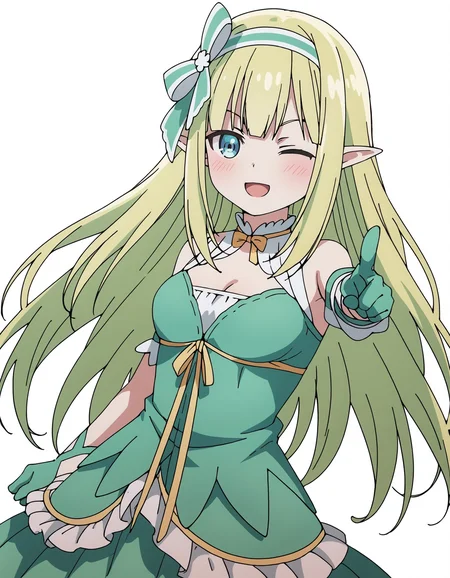 score_9, 1girl, solo,
orphia, blue eyes, long hair, blonde hair, straight hair, hair bow, green hairband,  pointy ears, elf, medium breasts, <lora:seirei_gensouki_-_ orphia:1>
dress, green dress, bare shoulders, cleavage cutout, detached sleeves, ribbon, gloves, frills, 
looking at viewer, cowboy shot, pointing at viewer, hand up, pointing, index finger raised, from side, 
blush, smile, one eye closed, ;d, open mouth, 
simple background, white background,