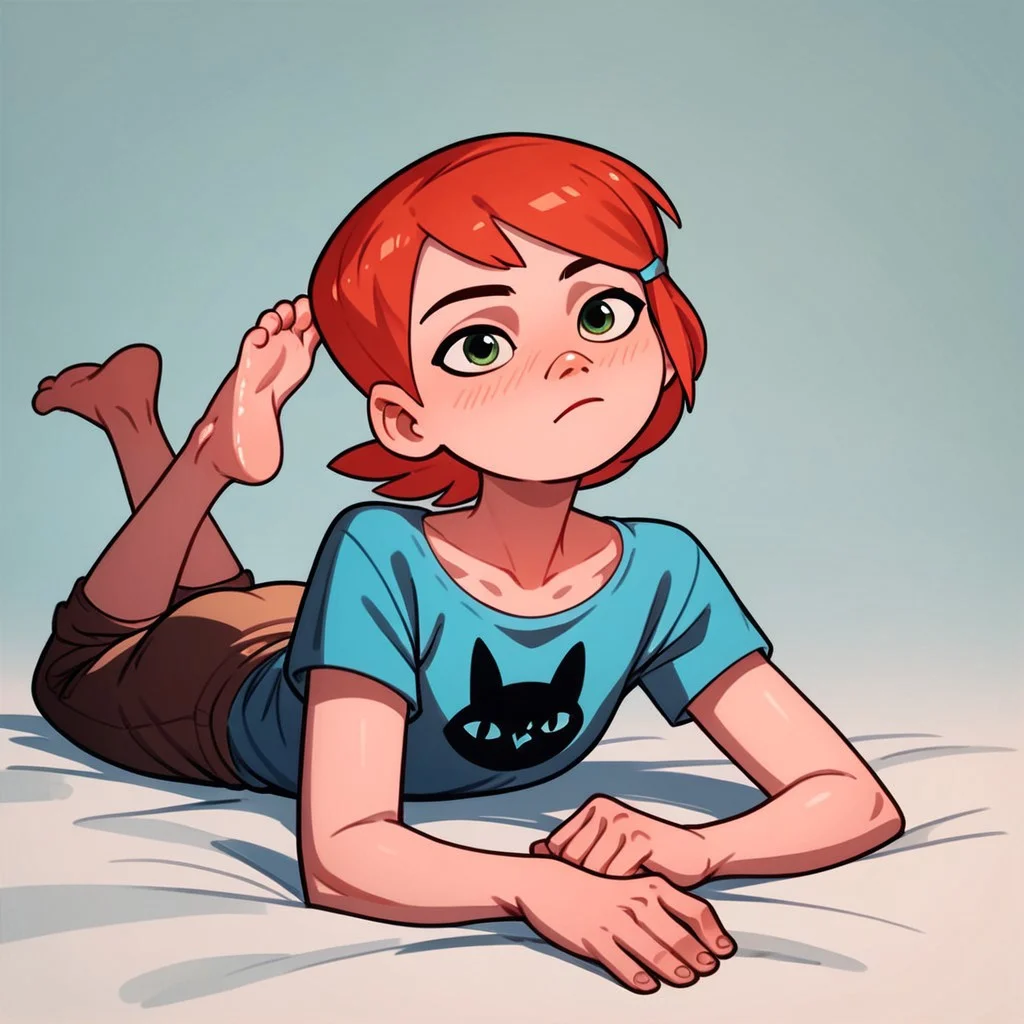 score_9, score_8_up, score_7_up, score_6_up, score_5_up, score_4_up, rating_questionable, 1girl, re_gwen, laying on stomach, feet up, barefoot