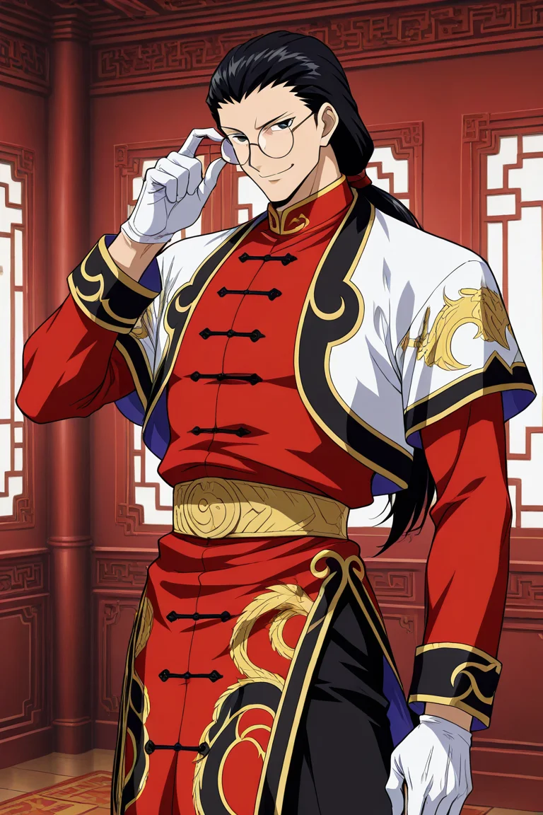 1boy, solo, rwongpsytkt, black hair, low ponytail, black eyes, glasses, round eyewear, open jacket, red chinese clothes, long sleeves, white gloves, belt, black pants, indoors, standing, cowboy shot, adjusting eyewear, smirk,