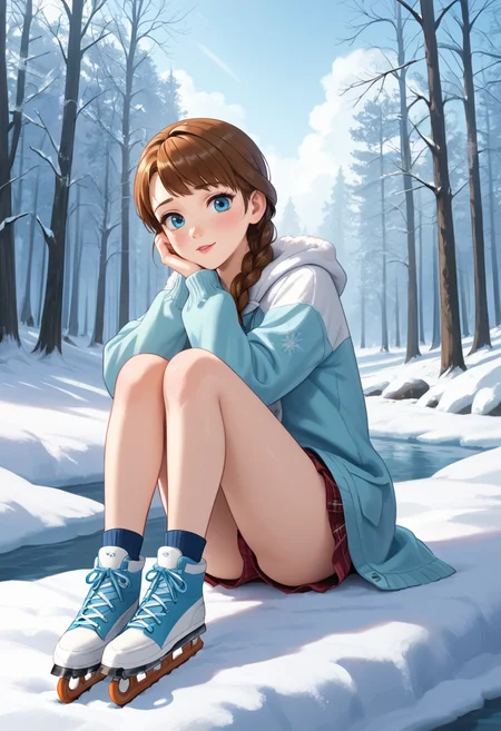 masterpiece, best quality, highly detailed, score_9, score_8_up, score_7_up, score_6_up, source_anime, high resolution, 8k,  very aesthetic, absurdres, dim lighting, gentle shadows,
frozen lake surrounded by snow-covered trees, the surface glistening like glass under the soft light of a pale winter sun, faint trails of animal footprints crisscrossing the snowy banks, creating a tranquil and pristine atmosphere BREAK charming woman, shoulder-length dark brown hair tied back in a loose ponytail, her cheeks flushed from the cold, sitting on the edge of a wooden dock dusted with snow, lacing up a pair of ice skates with a soft, focused expression, exuding quiet determination and grace BREAK the serene beauty of the frozen landscape combined with her calm and thoughtful presence creates a moment of delicate harmony in the winter setting
<lora:DNDFG:0.2>,